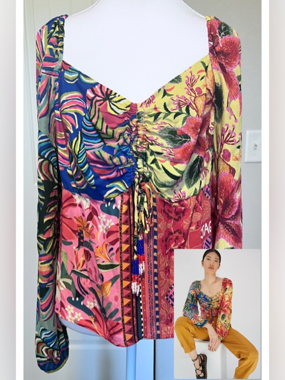 Farm Rio Printed Puff-Sleeved Blouse Beaded Tassels Back Zipper Sz Medium